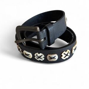 Nine West Black Leather Belt with Shell Accent and Solid Brass Hardware